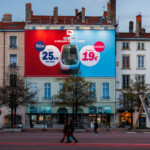 Toile publicitaire sur échafaudage de 180 m² pour la SNCF, vue de face illuminée de nuit au cœur de Lyon.