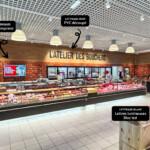 Aménagement intérieur de l'atelier des bouchers à Saint Bonnet de Mure avec lettrage PVC noir et adhésif trompe-l'œil, dans le cadre du déploiement d'enseignes multi-sites.
