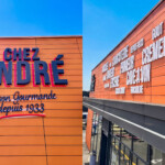 Vue globale de la façade avec logo en lettres boîtiers et lettrage PVC découpé à Vinzelles, illustrant le déploiement d'enseignes multi-sites des Boucheries André par LightAir (vue en zoom de l'enseigne en relief et des lettrages découpés).