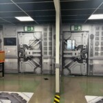 Habillage adhésif mural de portes converties en sas de vaisseau spatial à l'UIMM.