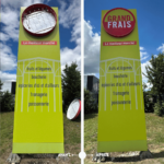 Comparatif avant-après de la maintenance d'un totem signalétique jaune Grand Frais avec caisson rénové.